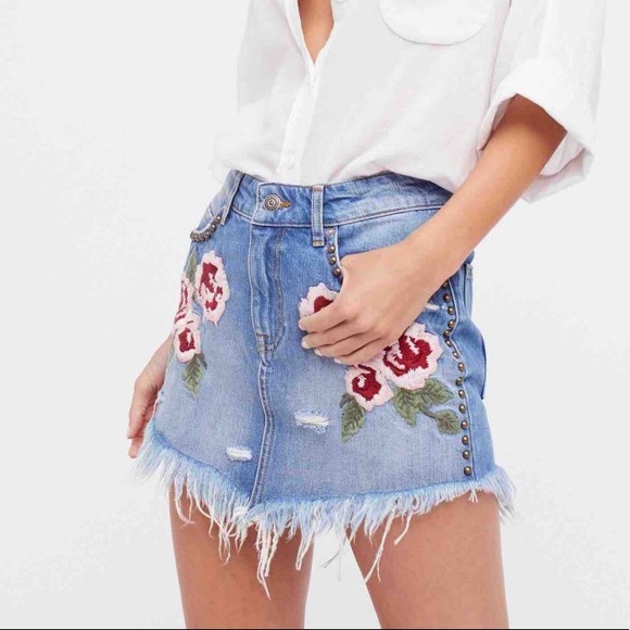 Free People Dresses & Skirts - Free People Wild Rose Distressed Floral Embroidered Studded Denim Mini Skirt